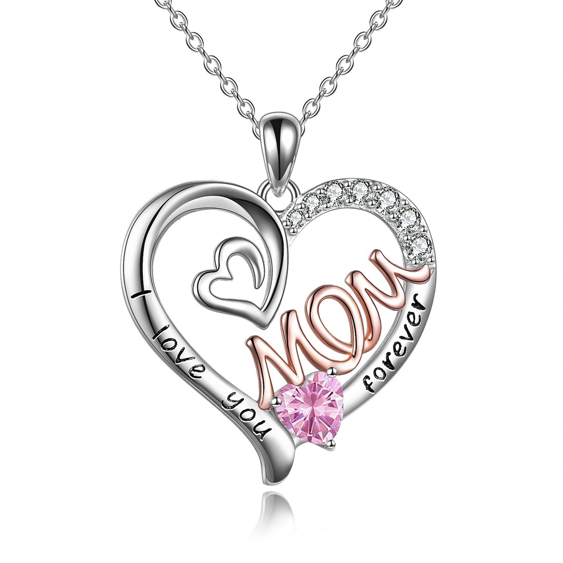 Mom Necklace S925 Sterling Silver Heart CZ Pink Stone Love Mum Pendant Birthstone Jewelry for Women Mother Gifts 5 null