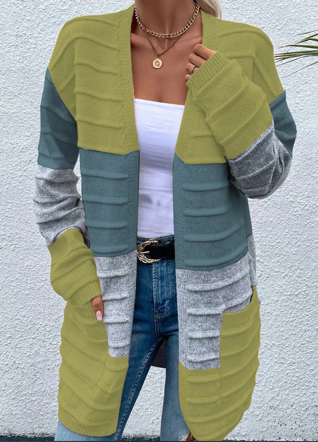 Women's Sweater Jacket with Big Pockets Autumn and Winter Long Striped Color Matching Cardigan Grass Green Women Clothing Zimivas