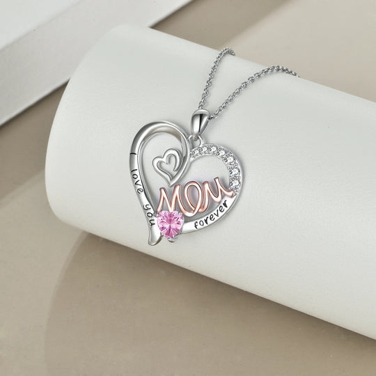 Mom Necklace S925 Sterling Silver Heart CZ Pink Stone Love Mum Pendant Birthstone Jewelry for Women Mother Gifts 5 null