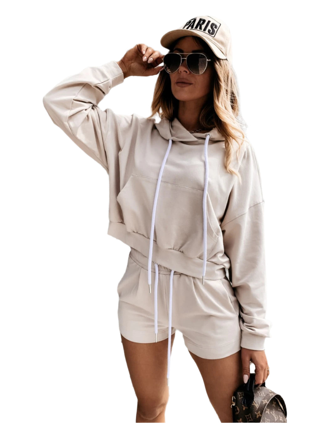 Casual Sports Shorts Hooded Sweater Set Khaki Women Clothing Zimivas