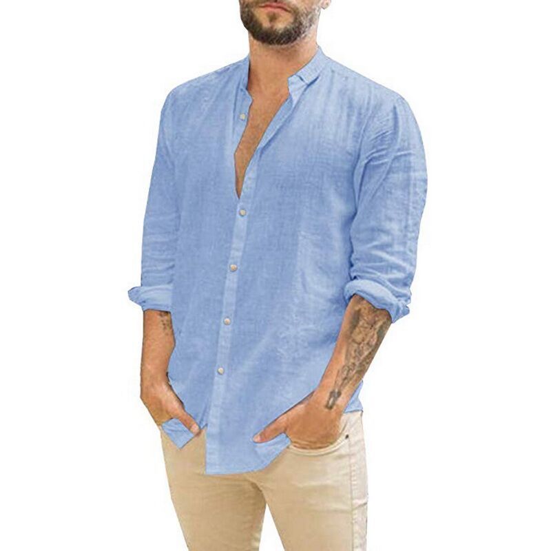 Men's Linen Hippie Shirts Casual Button Up Long Sleeve Loose Fit Beach Shirts hot style solid color stand-up collar shirt Blue Men Clothing Zimivas