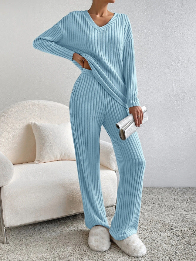 Fashion Solid Striped Suit V-neck Long-sleeved Top And Casual Straight Pants Loose Temperament Women's Clothing Blue 4 null