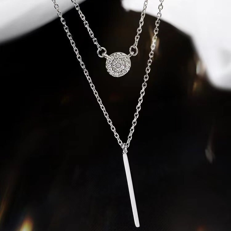 S925 Silver Color Double Chain Long Stick Micro Pave Zircon Round Pendant Necklaces For Women Trendy Jewelry 0 null