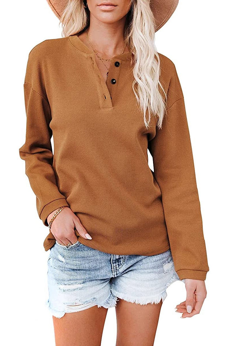 V-neck solid color long sleeved top T-shirt for women brown eprolo