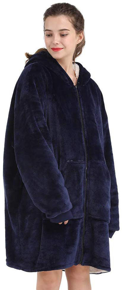 Long sleeve pocket zipper tv TV blanket casual sweater Navy blue One size 0 Zimivas