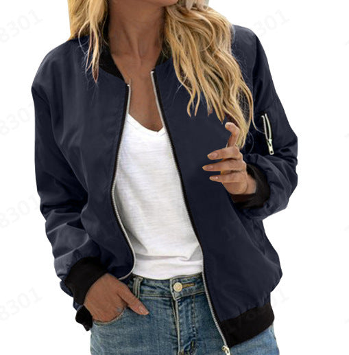 Women's Fashion Zipper Baseball Uniform Dark Blue Women Clothing Zimivas