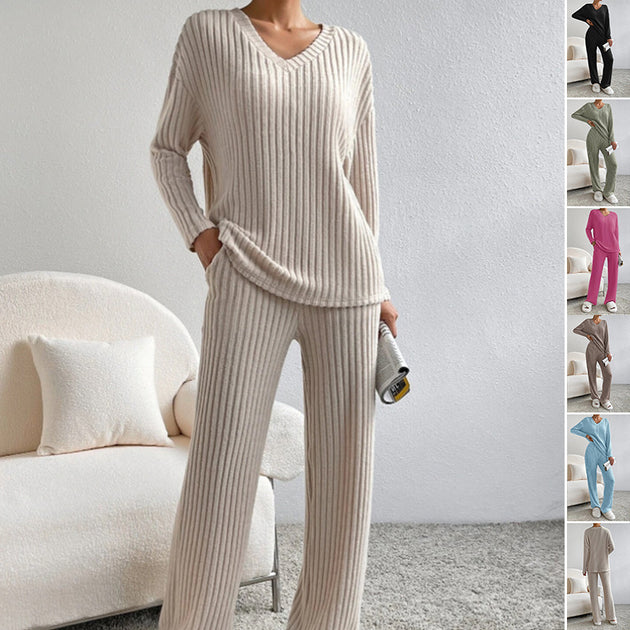 Fashion Solid Striped Suit V-neck Long-sleeved Top And Casual Straight Pants Loose Temperament Women's Clothing 4 null