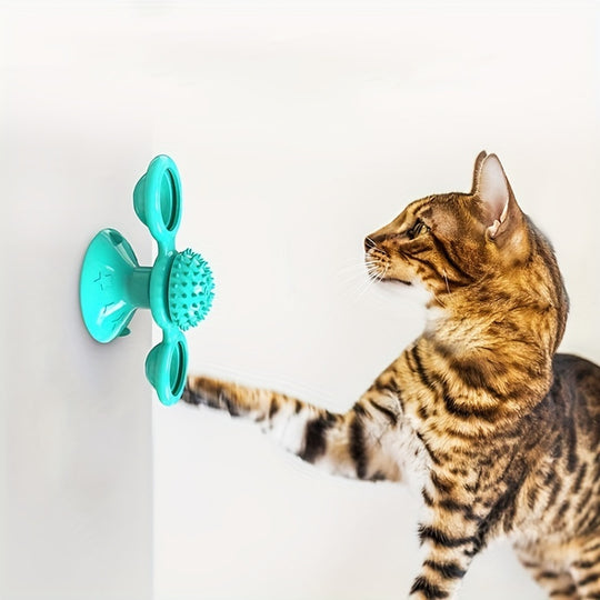 New Windmill Cat Toys Cute Rotating Interactive Cat Toy - Indoor Windmill Cat Toy With Suction Cup Catnip & Jagged Teeth Middle Ball, Smart Kitten Rotating Spinner Exercise Toy, Toothbrush & Massager 5 null