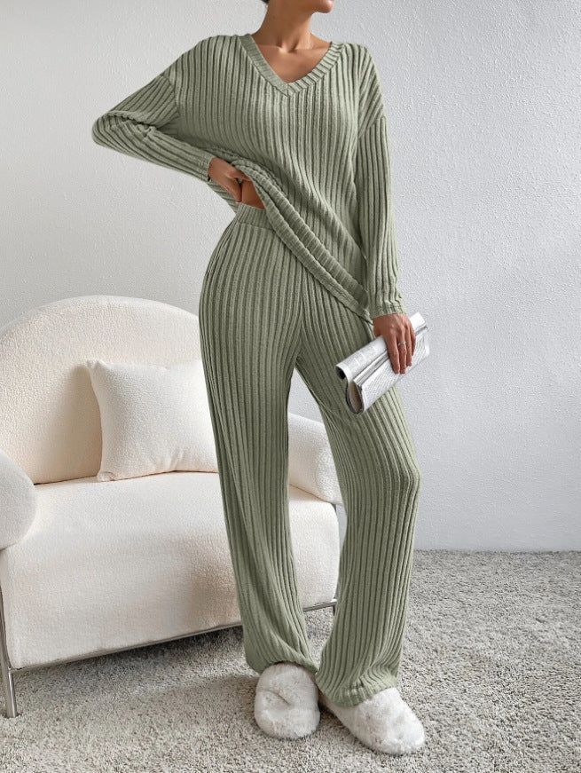 Fashion Solid Striped Suit V-neck Long-sleeved Top And Casual Straight Pants Loose Temperament Women's Clothing Military Green 4 null