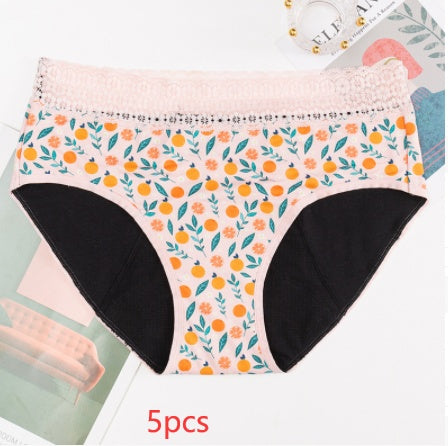 Four-layer Physiological Pants Antibacterial Bottom Gear Briefs Orange print 5PCS women underwear null