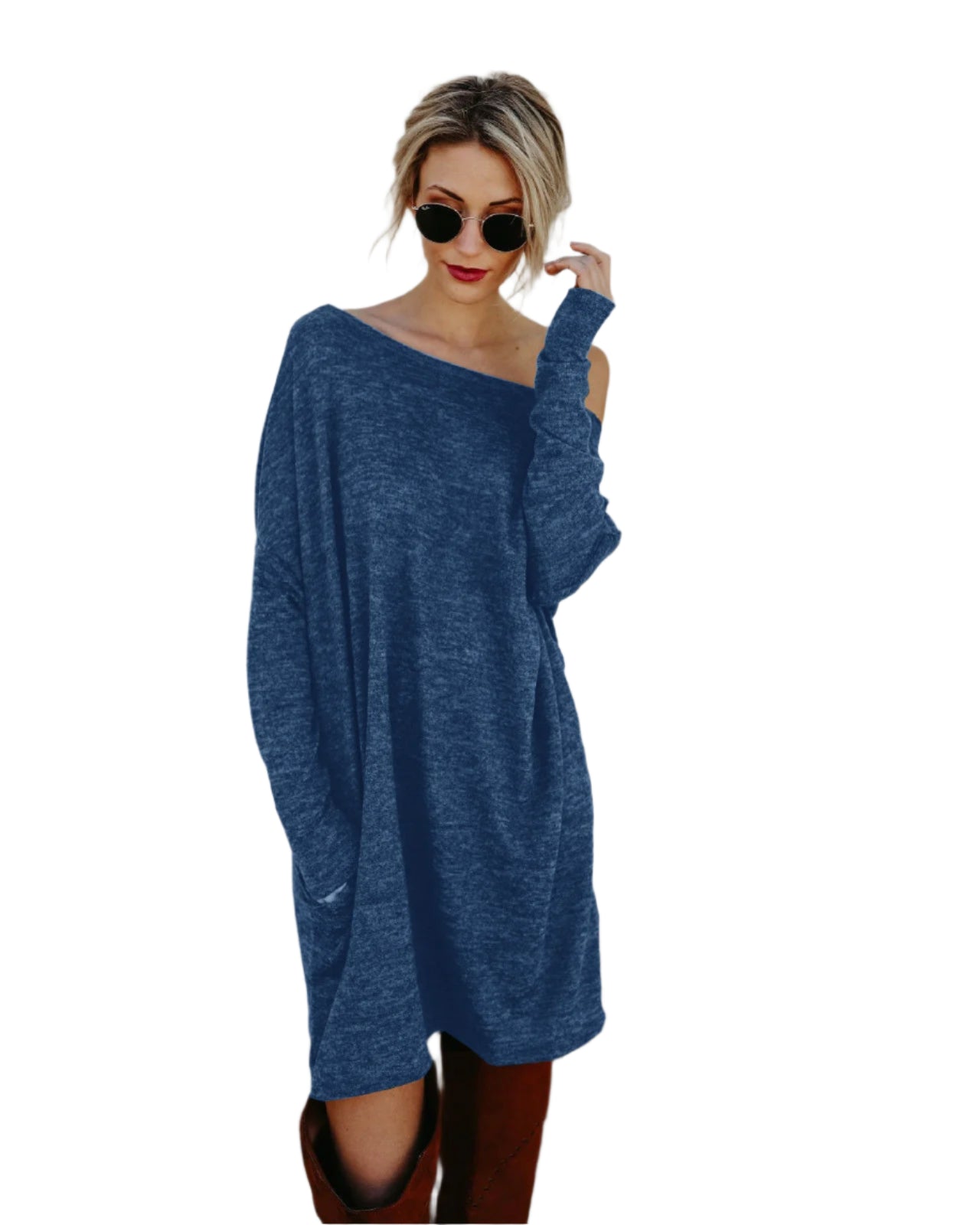 Ladies Simple Solid Color Sweater Loose Dress Blue Women Clothing Zimivas