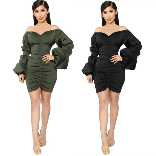 Slim Puff Sleeve One-shoulder V-Neck Dress 0 Zimivas