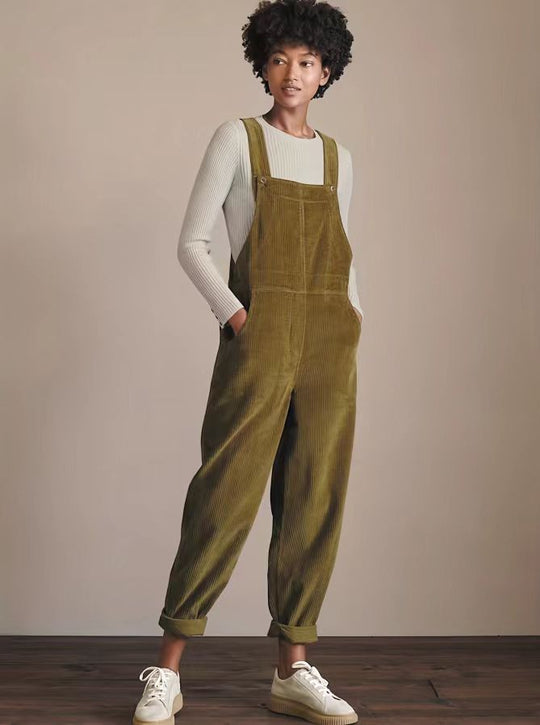 Corduroy Bib Overalls With Buttons And Pockets Fashion Casual Jumpsuit Loose Straight Pnats For Women Khaki 0 null