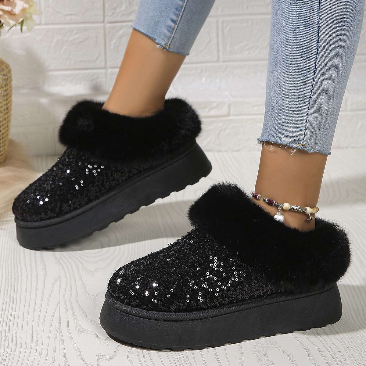 Fashion Sequined Thick-soled Plush Shoes Winter Indoor And Outdoor Casual Warm Slippers for Women Garden House Shoes Black shoes Zimivas