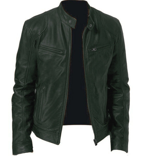 Men's Zip Cardigan PU Leather Jacket With Stand Collar Dark green Men Clothing Zimivas