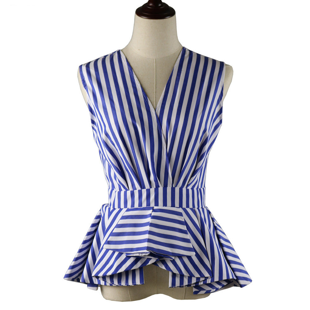 Sleeveless V-neck ruffled striped shirt Women Clothing Zimivas