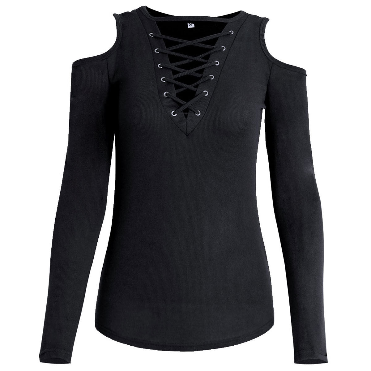 EBay Amazon Hot Explosion Models Strapless Cross Lacing Long Sleeved Shirt T-shirt And Deep V Female AM004 Black 0 null