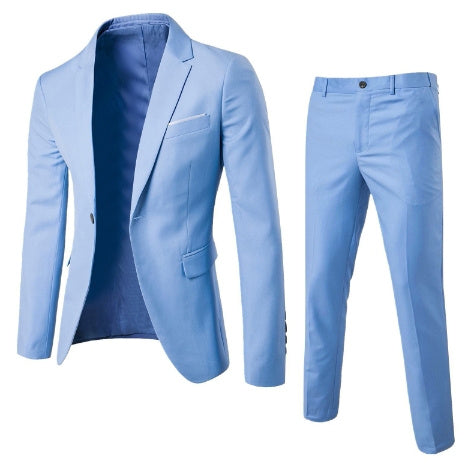 Two-piece Suit Business Professional Formal Wear Korean Slim Fit Light Blue Men Clothing Zimivas