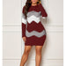 Mid length short skirt round neck long sleeved printed knitted buttock wrap dress Wine red eprolo