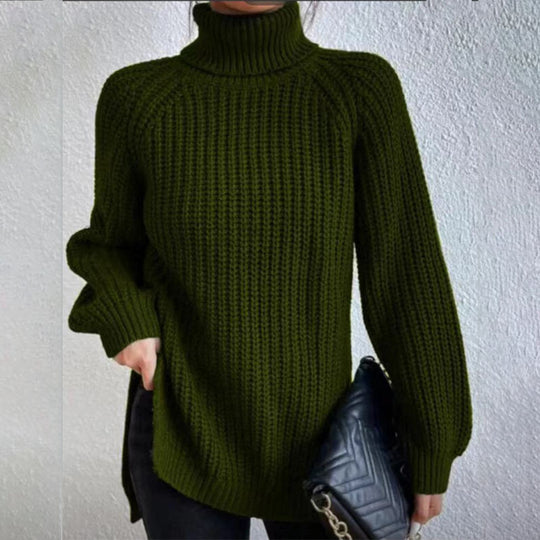 Turtleneck Pullover Sweater With Split Design Fashion Simple Solid Color Long Sleeve Tops Women's Clothing Dark green Women Clothing Zimivas