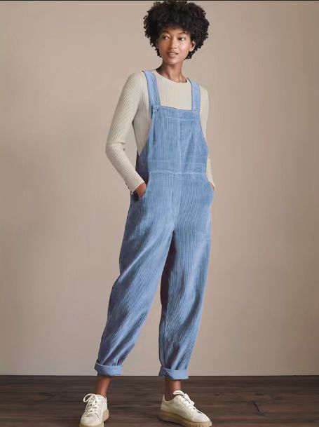 Corduroy Bib Overalls With Buttons And Pockets Fashion Casual Jumpsuit Loose Straight Pnats For Women Sky Blue 0 null