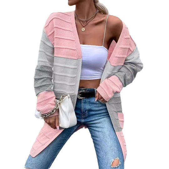 Women's Sweater Jacket with Big Pockets Autumn and Winter Long Striped Color Matching Cardigan Women Clothing Zimivas