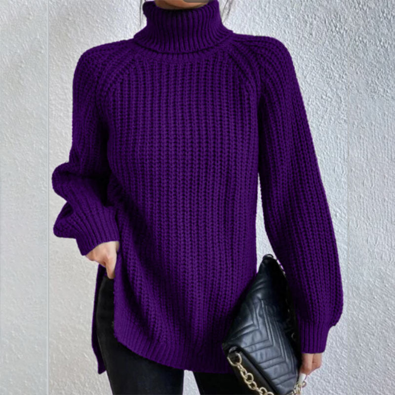 Turtleneck Pullover Sweater With Split Design Fashion Simple Solid Color Long Sleeve Tops Women's Clothing Purple Women Clothing Zimivas