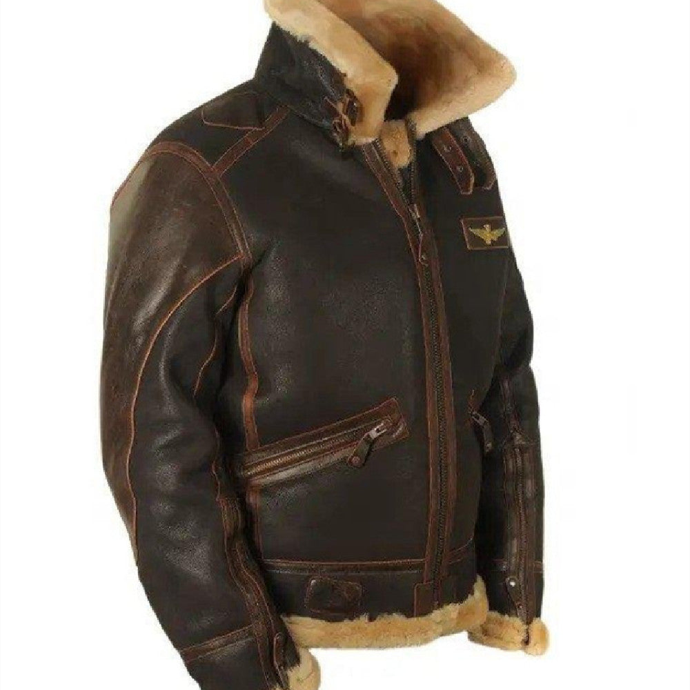 Men's Casual Winter Coat Bomber Men Faux Fur Leather Jacket । Brown Aviator Jackets । Sherpa Jacket - Brown Women Clothing Zimivas