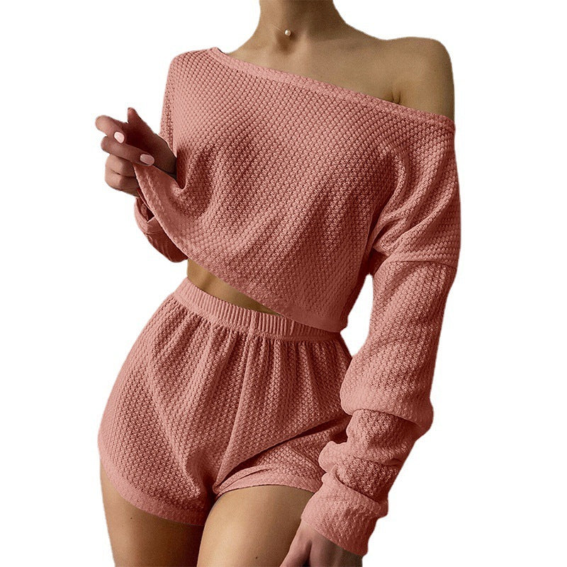 Pajamas Off-shoulder Top Shorts Breathable Waffle Casual Homewear Suit Women Clothing Zimivas