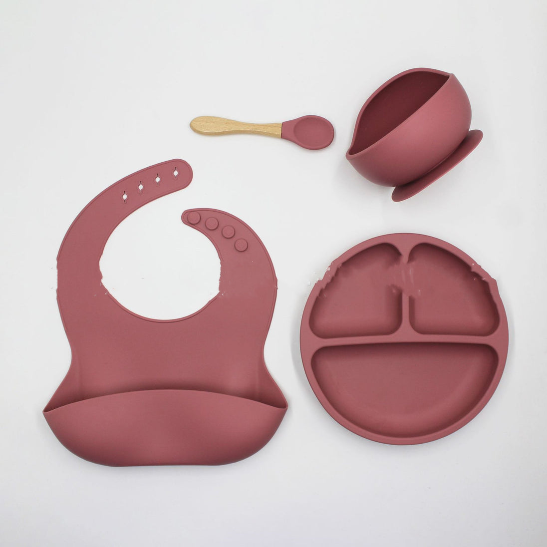 Bib Dinner Plate Spoon Bowl 4 Piece Set Silicone Baby Bowl Bib Plate Set Rose Red kids & baby Zimivas