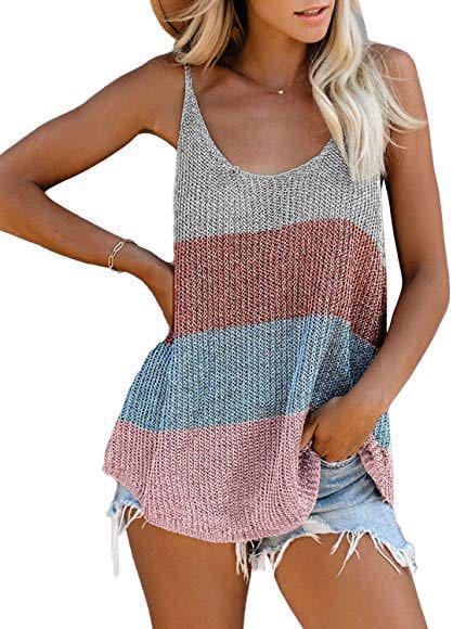 Women Knitted Vest Contrast Color Round Neck Spaghetti Straps Knitted Red Women Clothing Zimivas