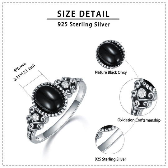 925 Sterling Silver Vintage Oxidized Black Onyx Ring for Women jewelry Zimivas