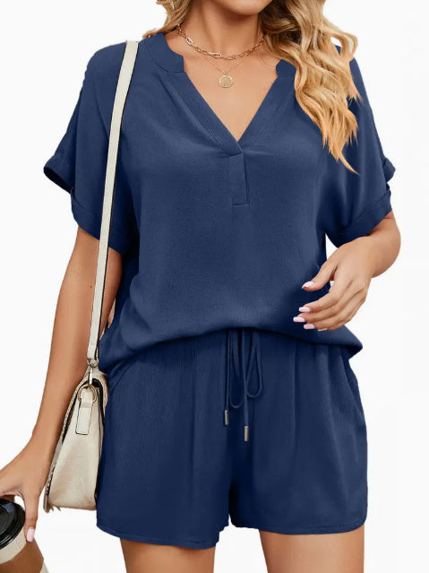 Women's Solid Color Loose Fit Casual 2-Piece Set Conjunto Short Summer Sets Dark blue 4 null