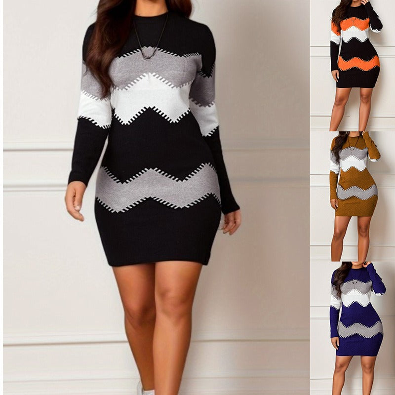 Mid length short skirt round neck long sleeved printed knitted buttock wrap dress eprolo