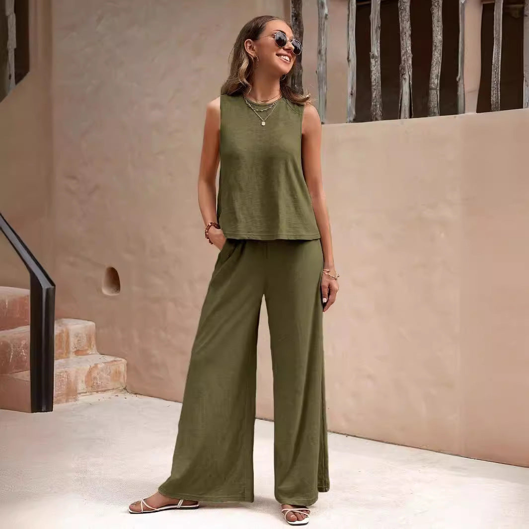 Solid Color Casual Loose Pants Sets For Women Elegant Spring Summer Women's Two Pieces Suit Full Trouser Set Female Outfit Clothes 0 null