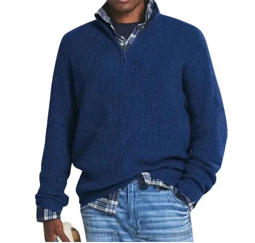 Men's Business Casual Loose Zip Stand Collar Sweater Navy Blue Men Clothing Zimivas