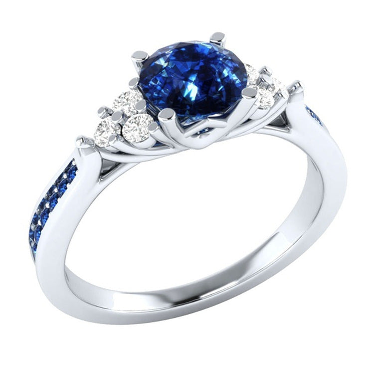 New inlaid sapphire zircon ring European and American hot-plated 925 silver princess engagement ring 0 null