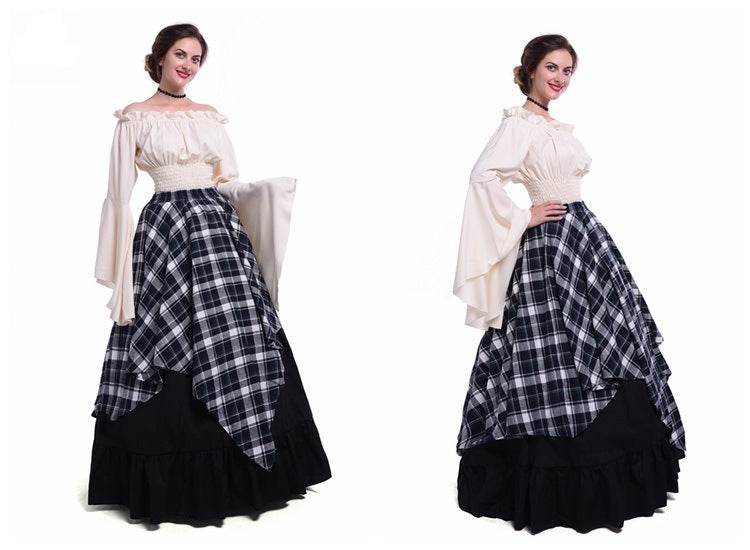 Long Sleeve Dress Women's Medieval Clothing Plaid Black Women Clothing Zimivas