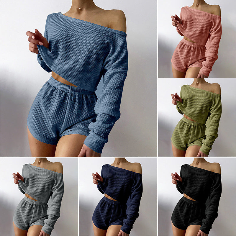 Pajamas Off-shoulder Top Shorts Breathable Waffle Casual Homewear Suit Women Clothing Zimivas