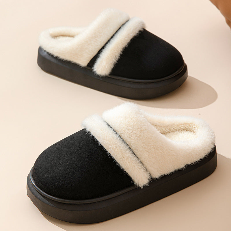 Fashion Warm Cotton Slippers For Women Leisure Thick Bottom Non-slip Plus-velvet House Shoes Winter Bedroom Floor Suede Slipper Black 4 null