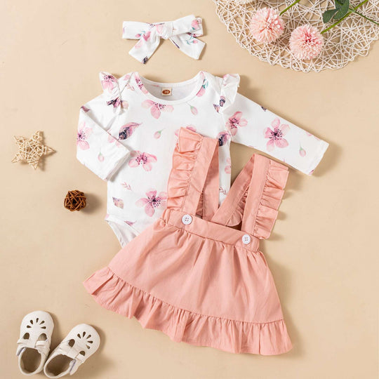 Printed Long-sleeved Baby Girl Romper Two-color Strap Ruffled Dress Headdress Three Pieces kids & baby Zimivas