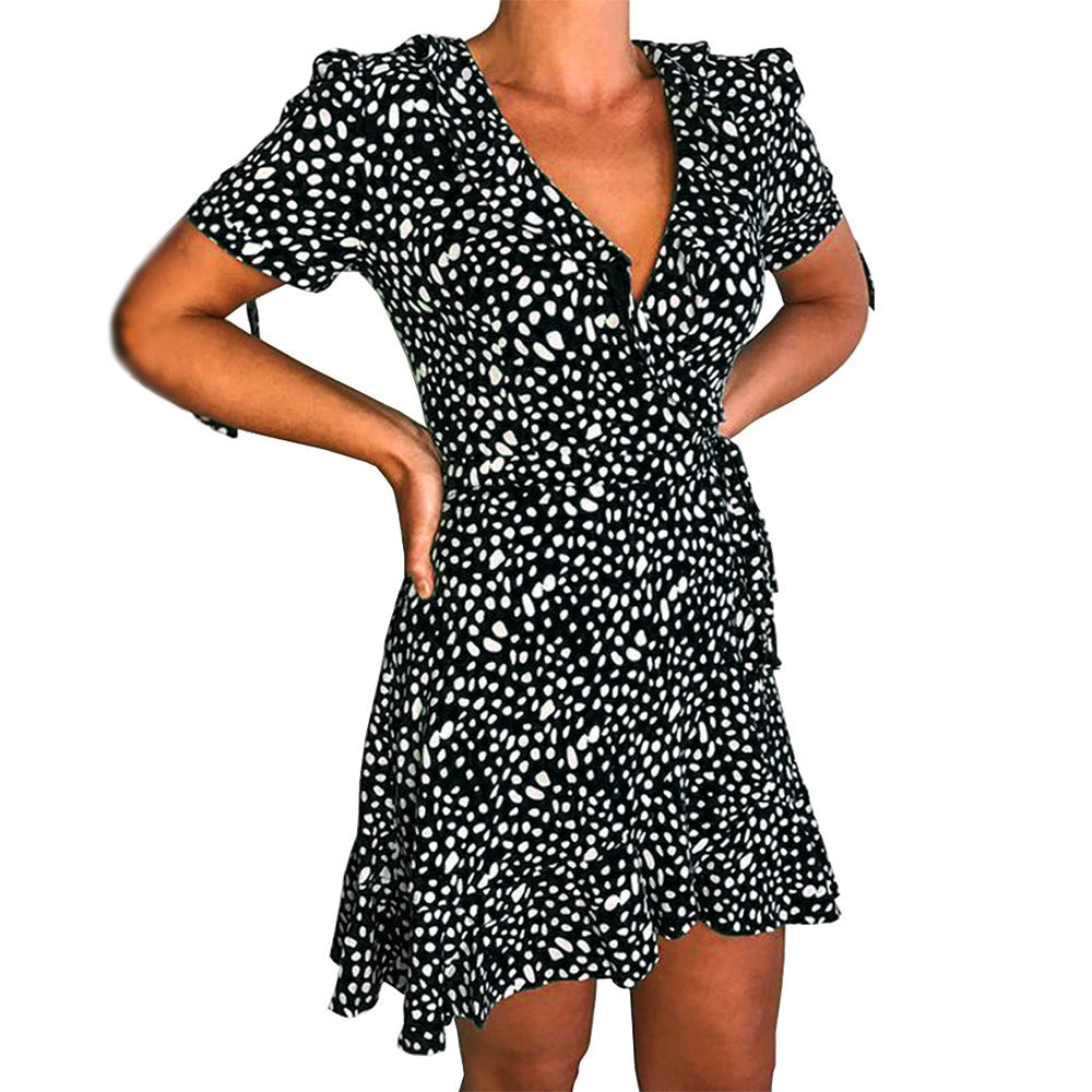 V-neck short sleeve printed skirt dress Black women clothing Zimivas