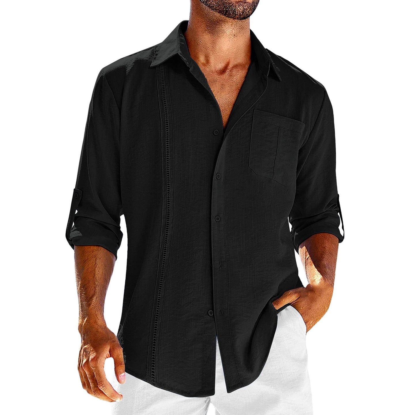 Men Button Down Linen Shirts Casual Long Sleeve Regular Fit Cotton Beach Shirts Pocket Lace Polo Collar Black Men Clothing Zimivas