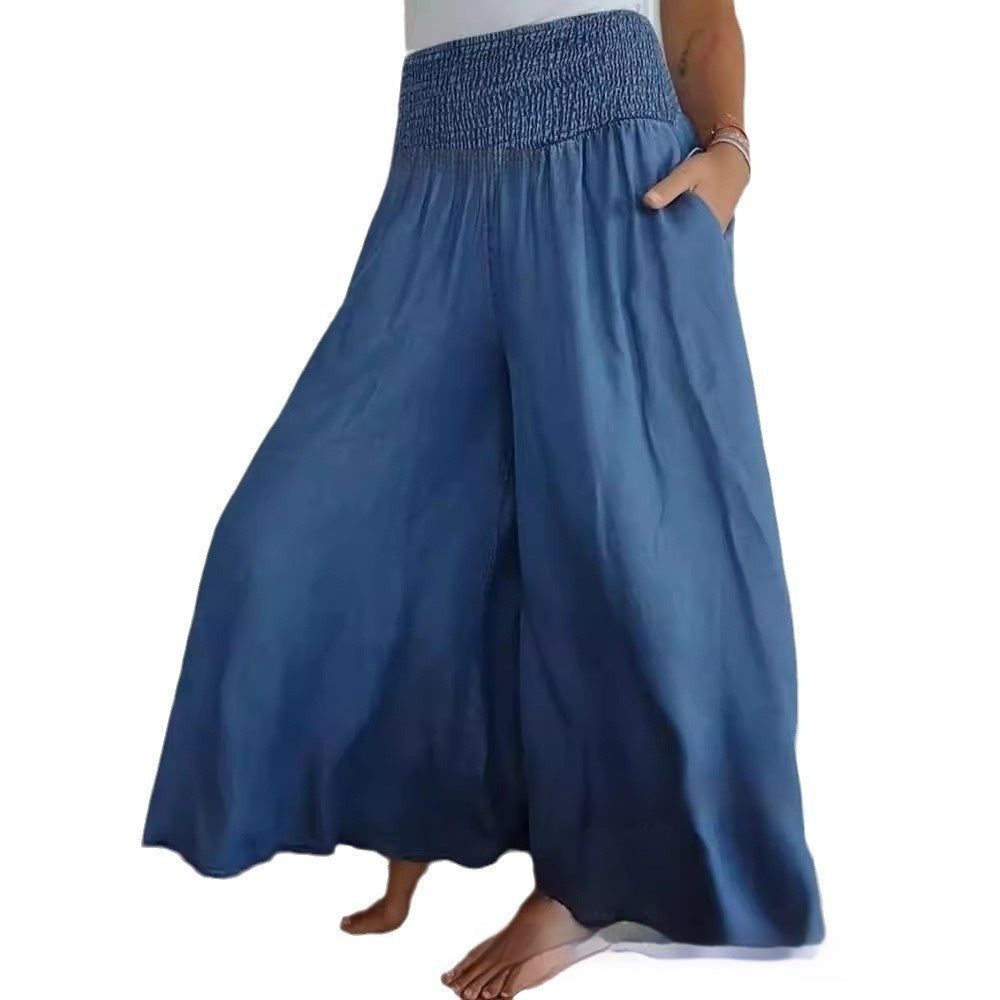 Casual High Waist Smocking Wide Leg With Pockets Denim Women's Pants 0 null