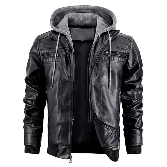 Hooded Jacket With Zipper Pockets Fashion Warm Pu Leather Coat Mens Clothing 0 null