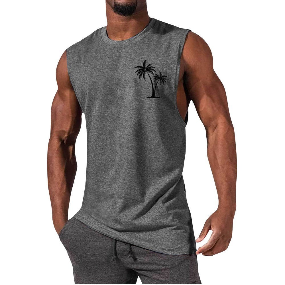 Coconut Tree Embroidery Vest Summer Beach Tank Tops Workout Muscle Men Sports Fitness T-shirt Light Grey Men Clothing Zimivas