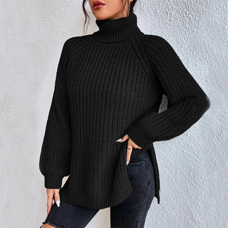 Turtleneck Pullover Sweater With Split Design Fashion Simple Solid Color Long Sleeve Tops Women's Clothing Women Clothing Zimivas