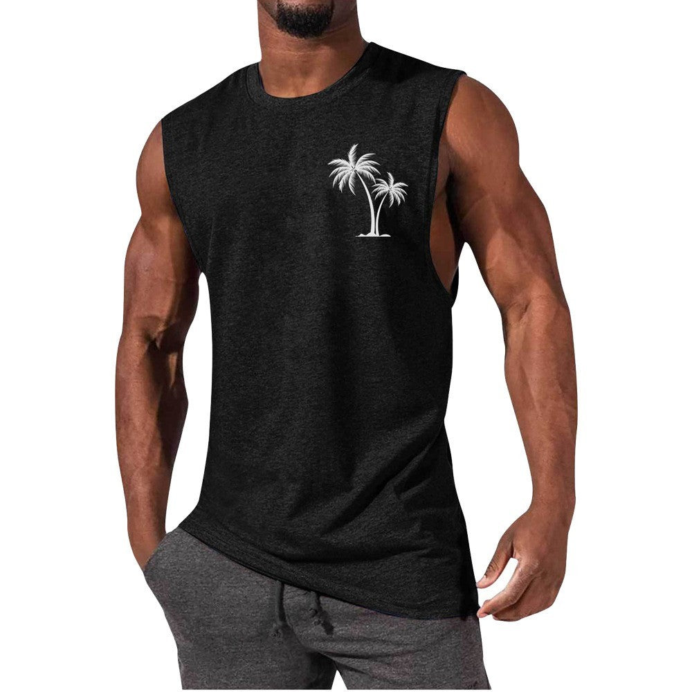 Coconut Tree Embroidery Vest Summer Beach Tank Tops Workout Muscle Men Sports Fitness T-shirt Black Men Clothing Zimivas