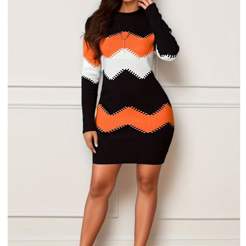 Mid length short skirt round neck long sleeved printed knitted buttock wrap dress eprolo