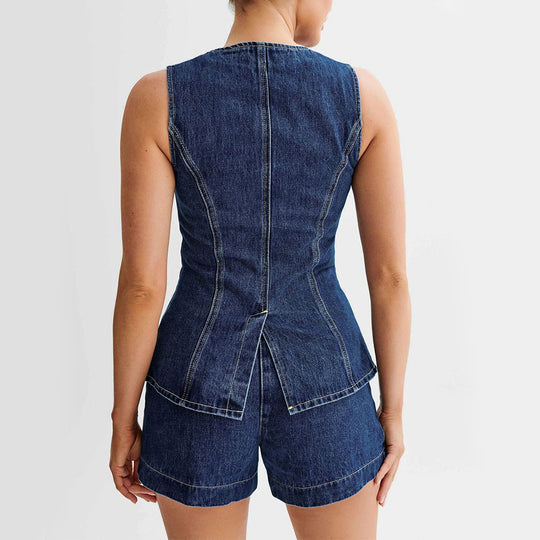 Fashion Denim Suit Summer Casual Sleeveless Button Vest Top And High Waist Shorts Set For Womens Clothing 4 null